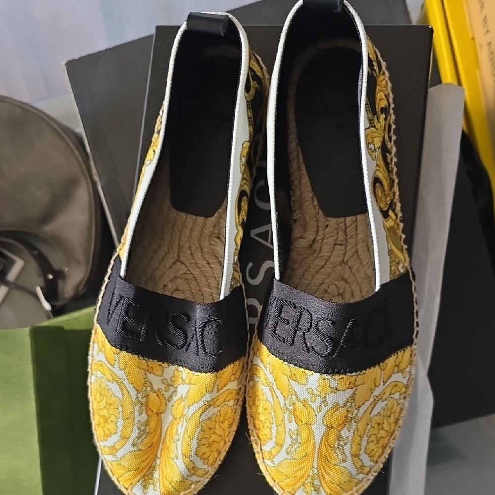Versace Yellow and Black Espadrilles with Paisley Design
